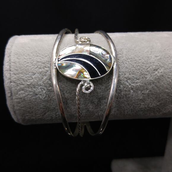 Alpaca Mexico Abalone Shell Cuff Bracelet Silver Tone 1970s Vintage Jewelry - Picture 9 of 10